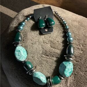 Womens Green Blue Beaded Necklace Matching Earrings